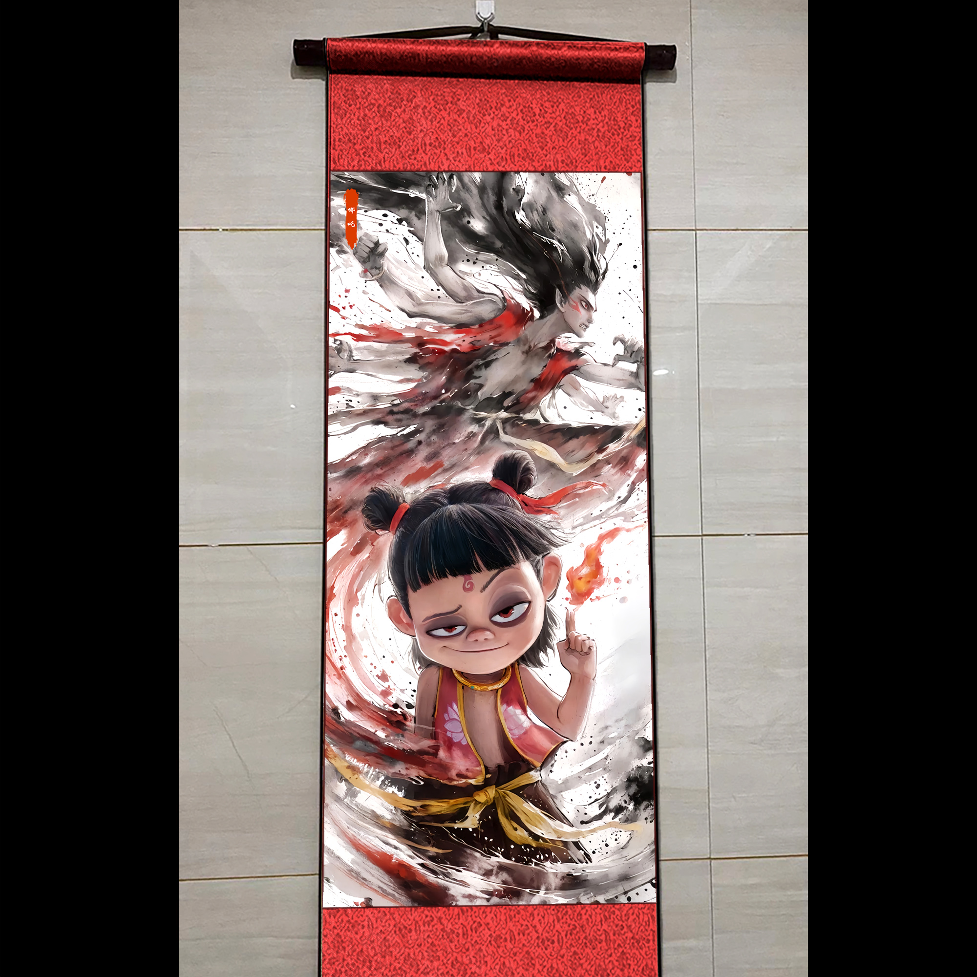 [Chinese scroll brocade high-definition finely mounted painting] Nezha scroll painting in stock