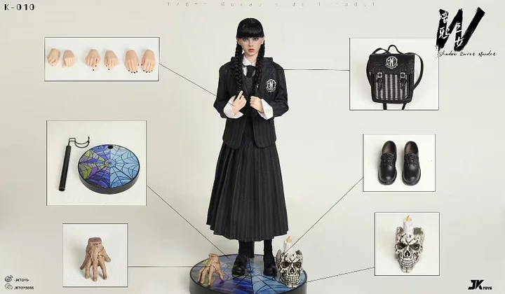 JKTOYS - Shadow Raven Maiden Wednesday cosplay Movable-Eye Hair Implant Head K-010 1/6 Action Figure