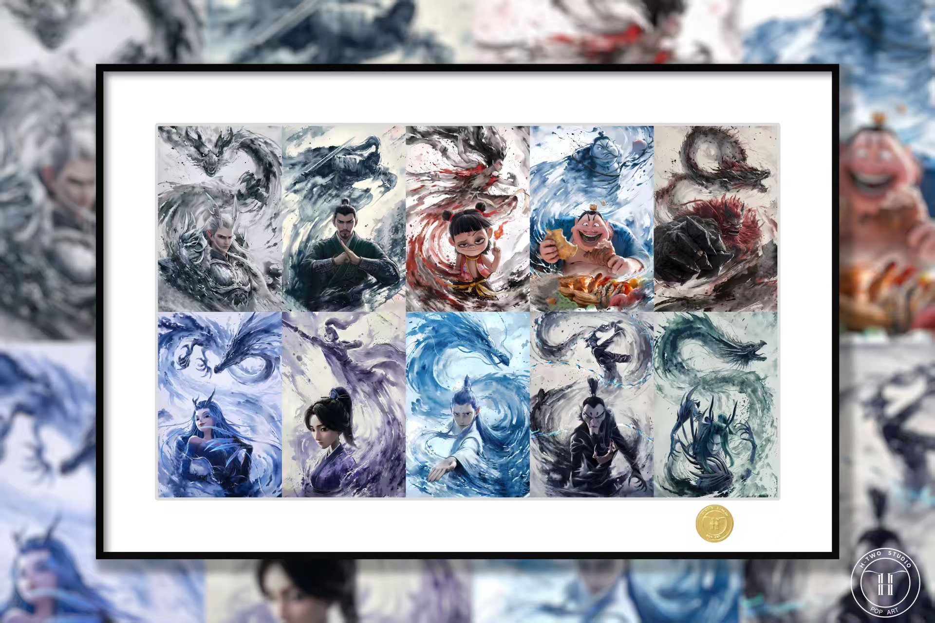Nezha The Devil Boy Conquers the Dragon King Ao Bing and Ao Guang Nezha Taiyi Zhenren decorative painting, in stock-KWII-GK