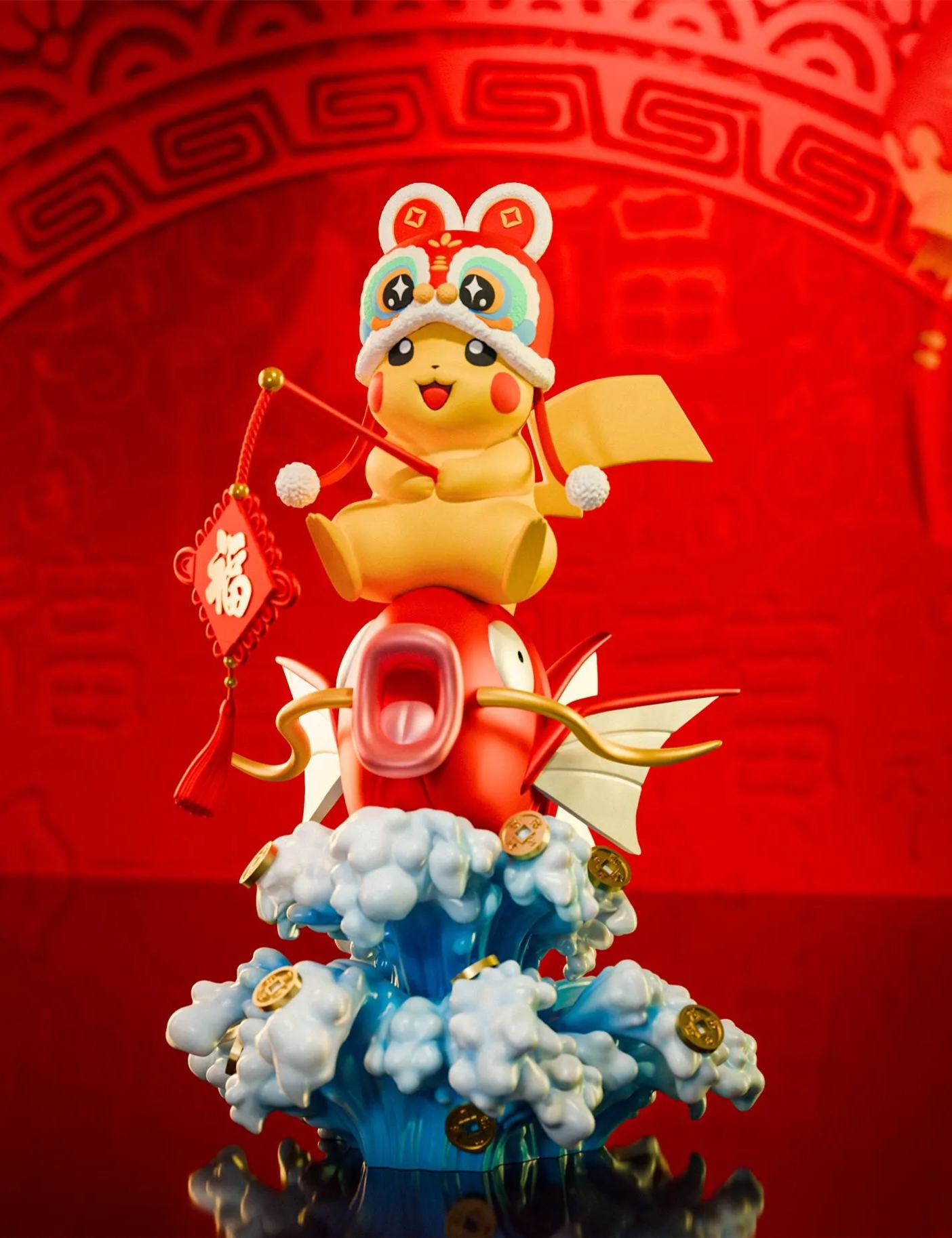Pre-sale Pool Fish King Studio--Happy New Year, Fish Jumping Over the Dragon Gate, Bringing Fortune and Blessings Pikachu Size Total height about 16CM, width about 10CM, depth about 12CM (GK)-KWII-GK