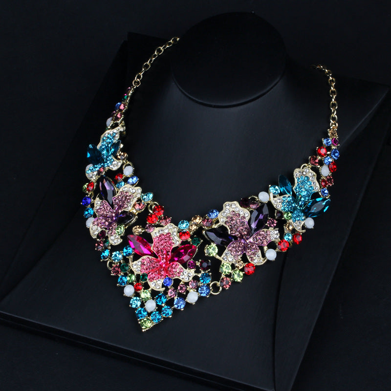 Vintage Flowers Classic Pink Diamonds Luxury 18k Gold Plated Necklace Earring Multicolor Jewelry Set | Mix Mix Style-Mix MIx Style