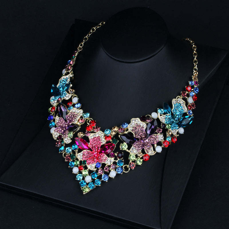 Vintage Flowers Classic Pink Diamonds Luxury 18k Gold Plated Necklace Earring Multicolor Jewelry Set | Mix Mix Style-Mix MIx Style