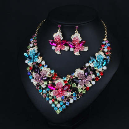 Vintage Flowers Classic Pink Diamonds Luxury 18k Gold Plated Necklace Earring Multicolor Jewelry Set | Mix Mix Style-Mix MIx Style