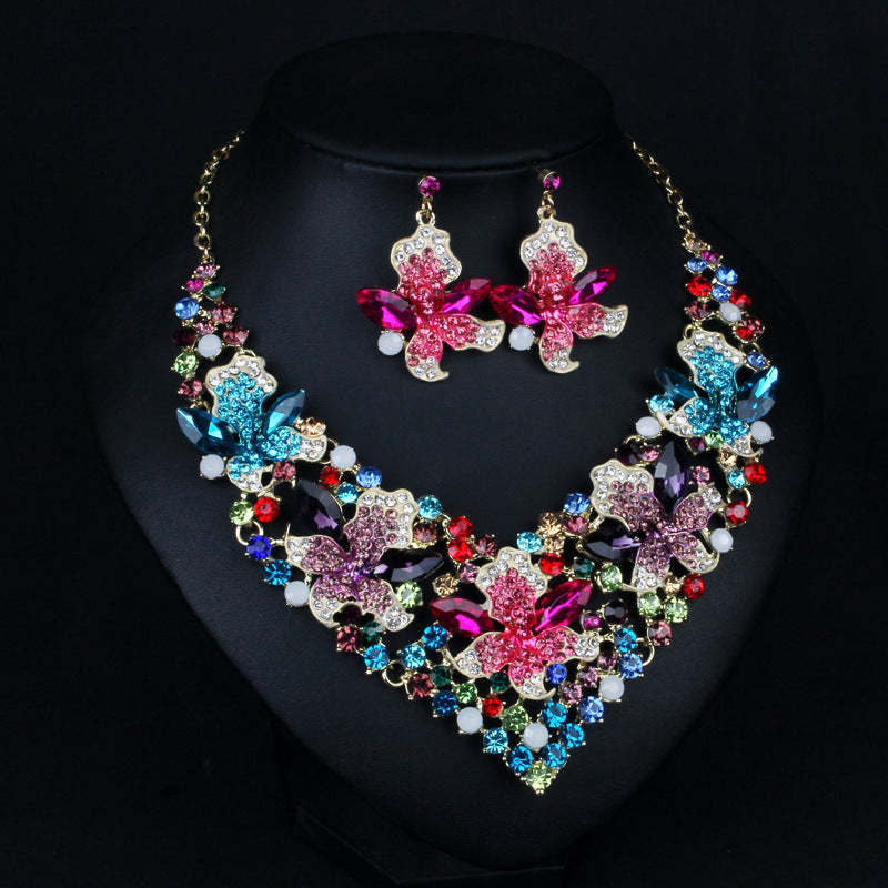 Vintage Flowers Classic Pink Diamonds Luxury 18k Gold Plated Necklace Earring Multicolor Jewelry Set | Mix Mix Style-Mix MIx Style