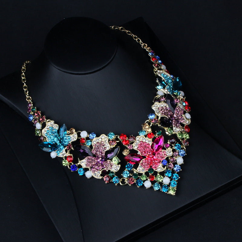 Vintage Flowers Classic Pink Diamonds Luxury 18k Gold Plated Necklace Earring Multicolor Jewelry Set | Mix Mix Style-Mix MIx Style