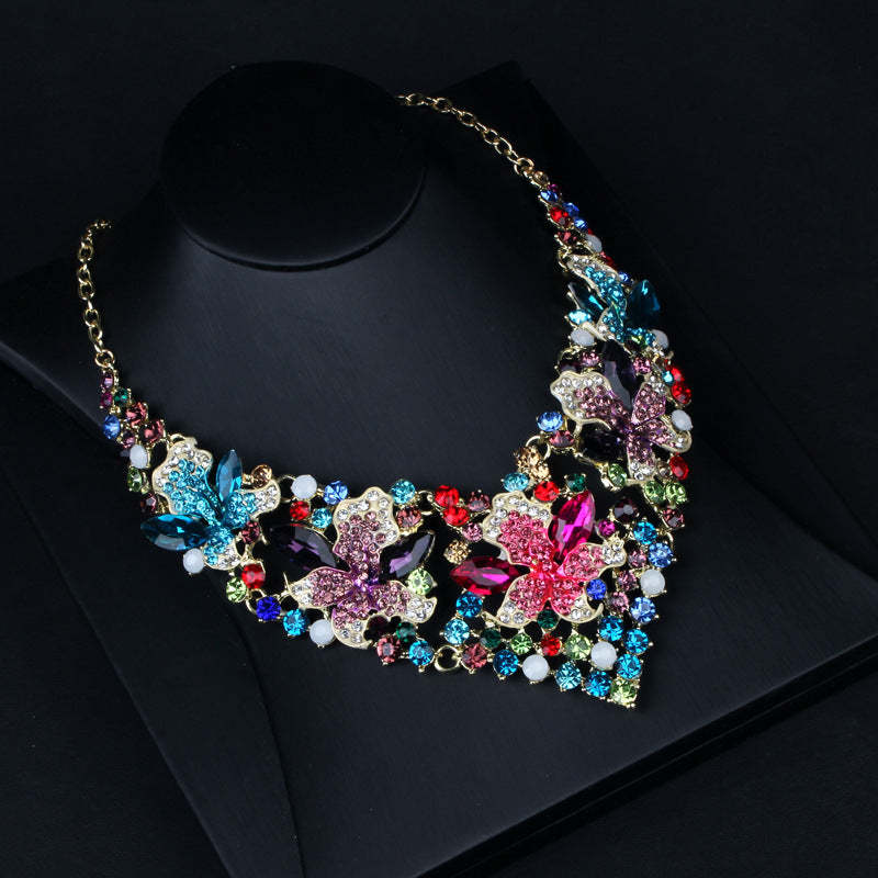 Vintage Flowers Classic Pink Diamonds Luxury 18k Gold Plated Necklace Earring Multicolor Jewelry Set | Mix Mix Style-Mix MIx Style