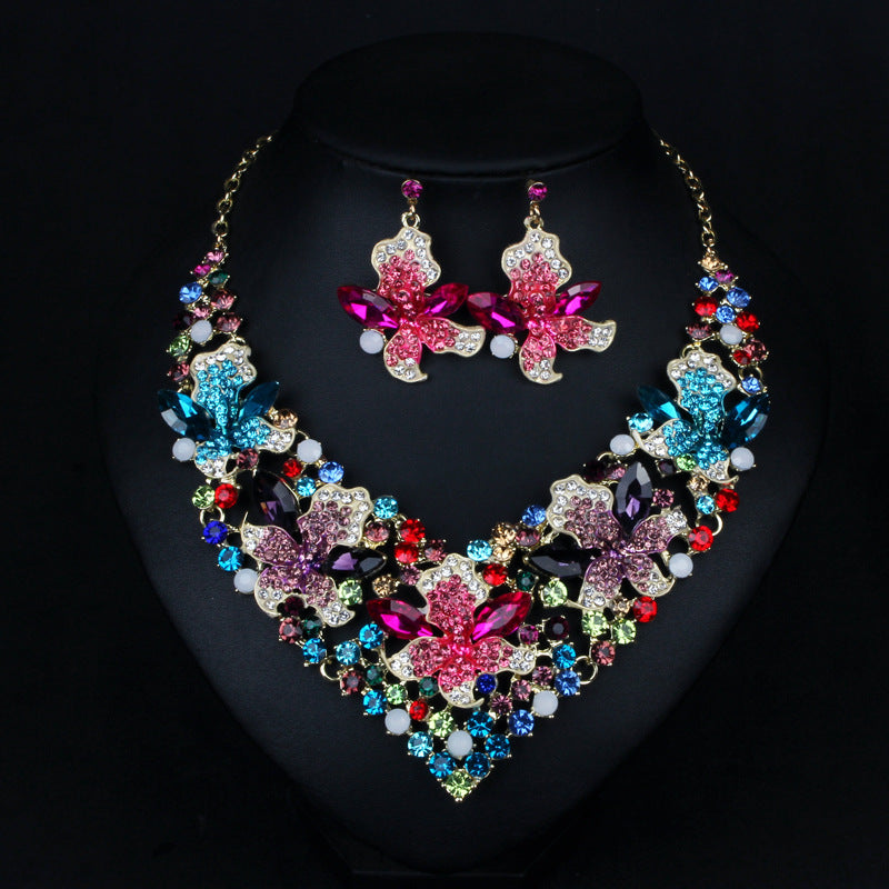 Vintage Flowers Classic Pink Diamonds Luxury 18k Gold Plated Necklace Earring Multicolor Jewelry Set | Mix Mix Style-Mix MIx Style