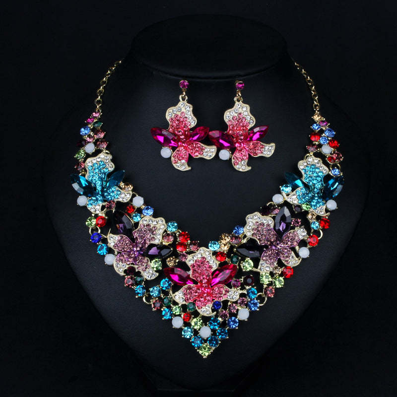 Vintage Flowers Classic Pink Diamonds Luxury 18k Gold Plated Necklace Earring Multicolor Jewelry Set | Mix Mix Style-Mix MIx Style