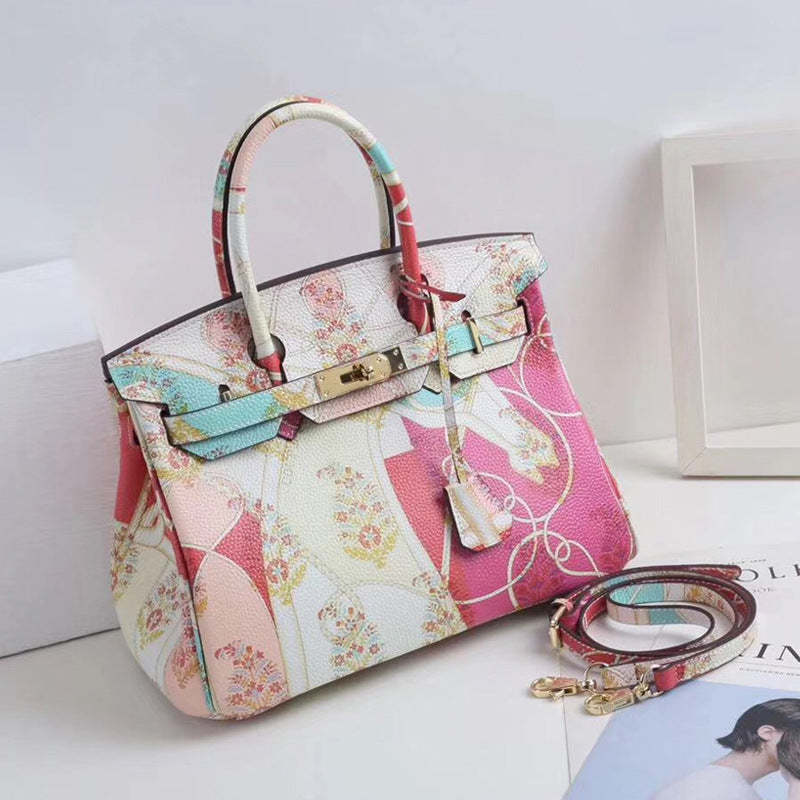 Graffiti platinum bag lychee pattern first layer cowhide printed painted handbag genuine leather large bag shoulder crossbody ladies bag-Mix MIx Style