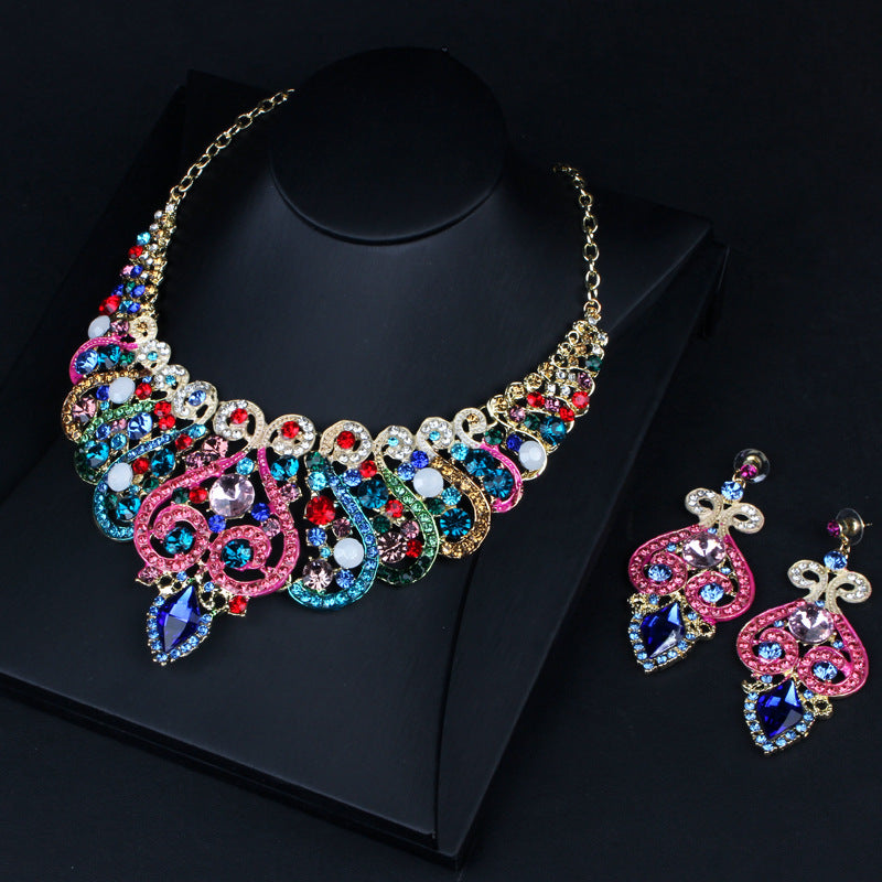 Blue Vintage Retro  Pendant Marquise Diamonds Luxury 18k Gold Plated Necklace Earring Jewelry Set | Mix Mix Style-Mix MIx Style