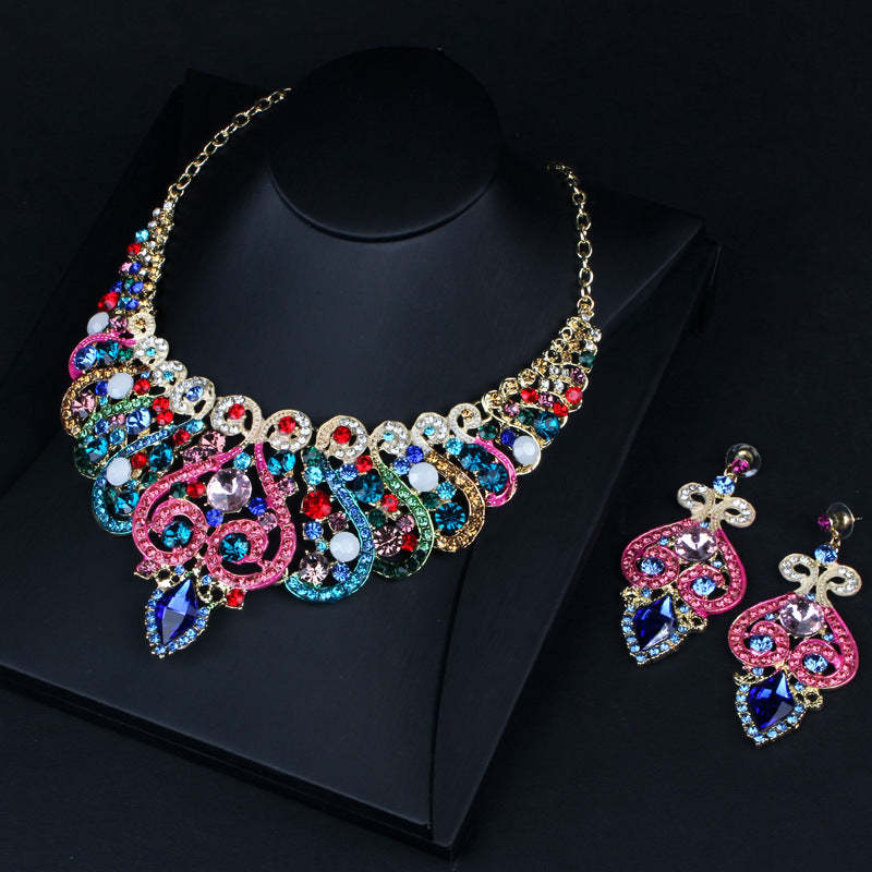 Blue Vintage Retro  Pendant Marquise Diamonds Luxury 18k Gold Plated Necklace Earring Jewelry Set | Mix Mix Style-Mix MIx Style