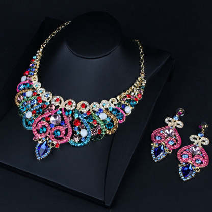 Blue Vintage Retro  Pendant Marquise Diamonds Luxury 18k Gold Plated Necklace Earring Jewelry Set | Mix Mix Style-Mix MIx Style
