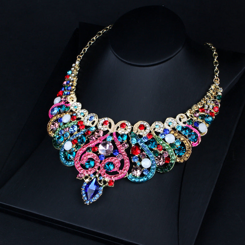Blue Vintage Retro  Pendant Marquise Diamonds Luxury 18k Gold Plated Necklace Earring Jewelry Set | Mix Mix Style-Mix MIx Style
