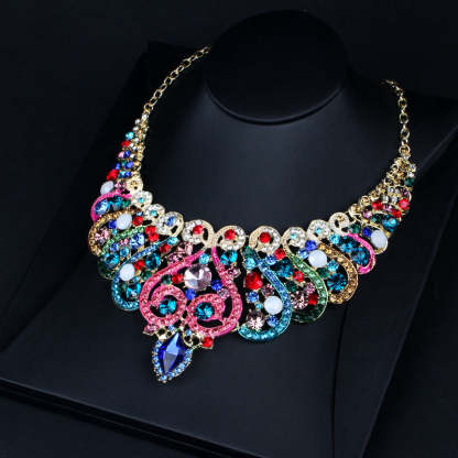 Blue Vintage Retro  Pendant Marquise Diamonds Luxury 18k Gold Plated Necklace Earring Jewelry Set | Mix Mix Style-Mix MIx Style