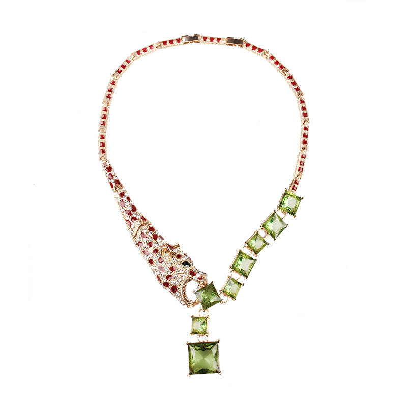 Leopard Vintage Pendant Green Cushion Cut Diamond Luxurious 18k Gold Plated Necklace Jewelry | Mix Mix Style-Mix MIx Style