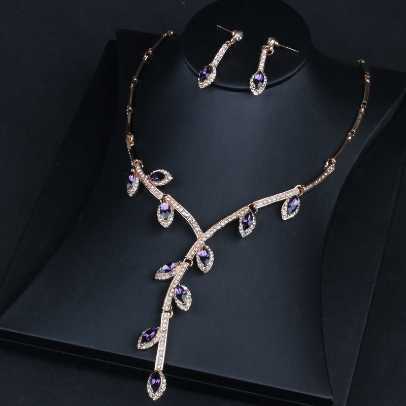 Branch Leafs Retro Classic Pendant Purple Marquise Diamond Elegant 18k Gold Plated Necklace & Earrings Jewelry Set | Mix Mix Style-Mix MIx Style