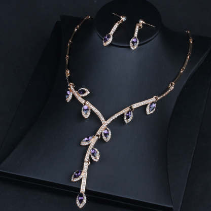 Branch Leafs Retro Classic Pendant Purple Marquise Diamond Elegant 18k Gold Plated Necklace & Earrings Jewelry Set | Mix Mix Style-Mix MIx Style