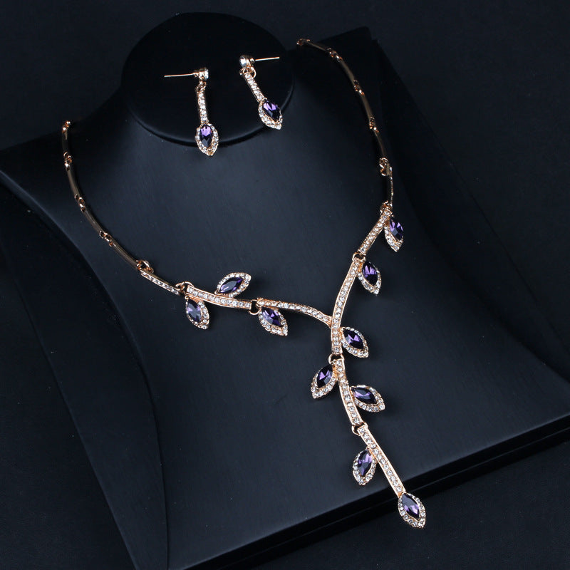 Branch Leafs Retro Classic Pendant Purple Marquise Diamond Elegant 18k Gold Plated Necklace & Earrings Jewelry Set | Mix Mix Style-Mix MIx Style