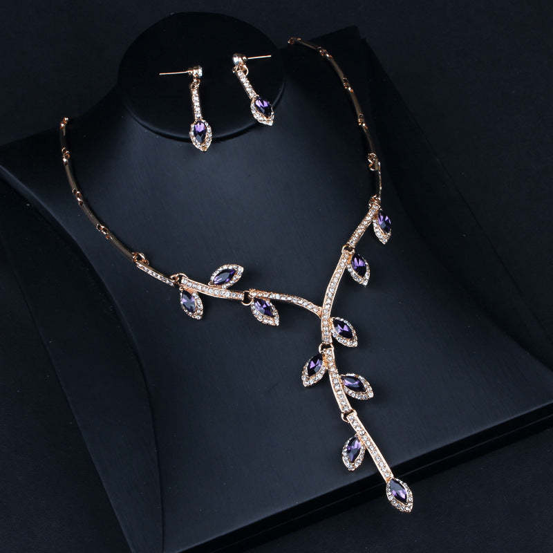Branch Leafs Retro Classic Pendant Purple Marquise Diamond Elegant 18k Gold Plated Necklace & Earrings Jewelry Set | Mix Mix Style-Mix MIx Style