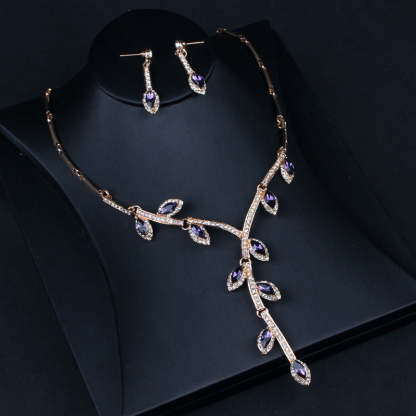 Branch Leafs Retro Classic Pendant Purple Marquise Diamond Elegant 18k Gold Plated Necklace & Earrings Jewelry Set | Mix Mix Style-Mix MIx Style