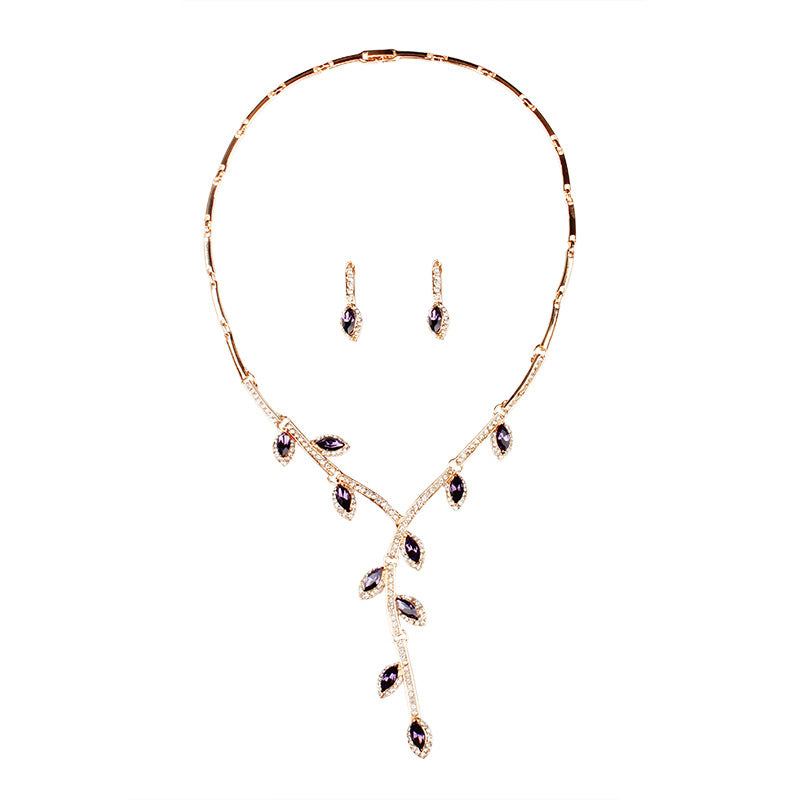 Branch Leafs Retro Classic Pendant Purple Marquise Diamond Elegant 18k Gold Plated Necklace & Earrings Jewelry Set | Mix Mix Style-Mix MIx Style