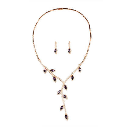 Branch Leafs Retro Classic Pendant Purple Marquise Diamond Elegant 18k Gold Plated Necklace & Earrings Jewelry Set | Mix Mix Style-Mix MIx Style