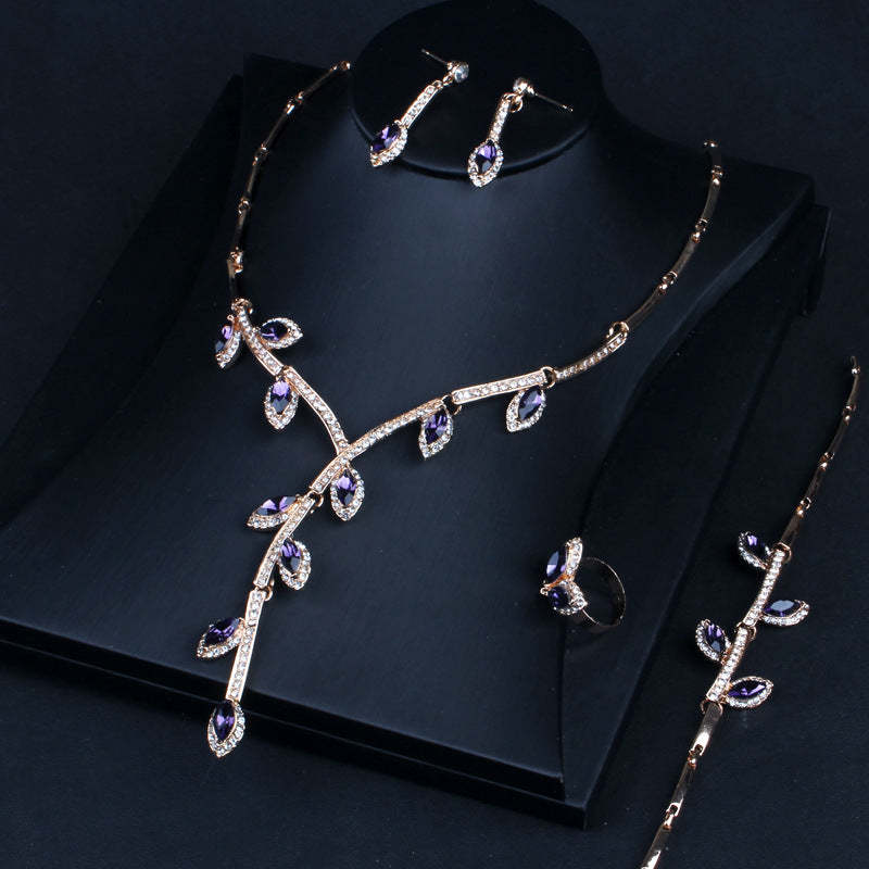 Branch Leafs Retro Classic Pendant Purple Marquise Diamond Elegant 18k Gold Plated Necklace & Earrings Jewelry Set | Mix Mix Style-Mix MIx Style
