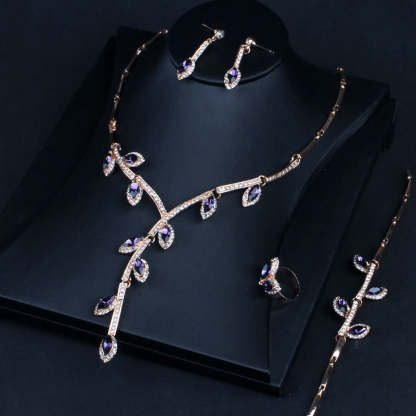 Branch Leafs Retro Classic Pendant Purple Marquise Diamond Elegant 18k Gold Plated Necklace & Earrings Jewelry Set | Mix Mix Style-Mix MIx Style