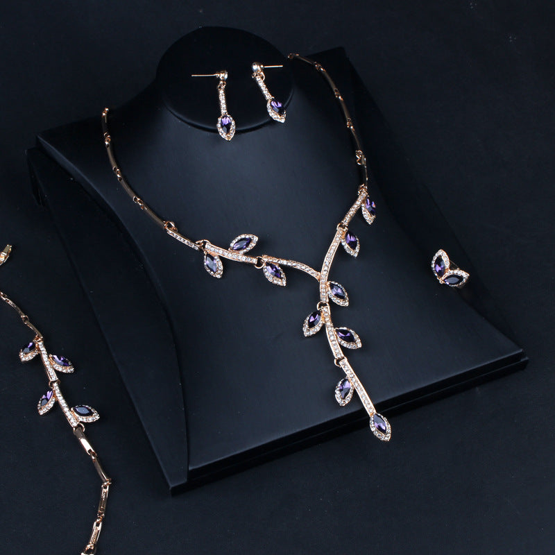 Branch Leafs Retro Classic Pendant Purple Marquise Diamond Elegant 18k Gold Plated Necklace & Earrings Jewelry Set | Mix Mix Style-Mix MIx Style