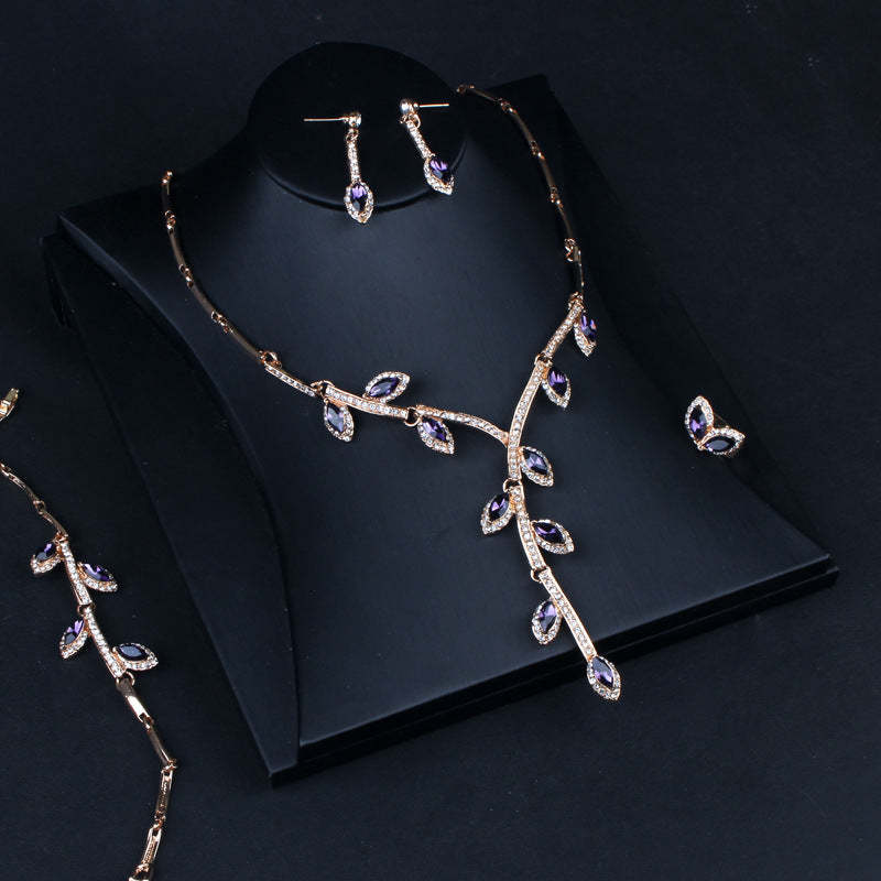 Branch Leafs Retro Classic Pendant Purple Marquise Diamond Elegant 18k Gold Plated Necklace & Earrings Jewelry Set | Mix Mix Style-Mix MIx Style