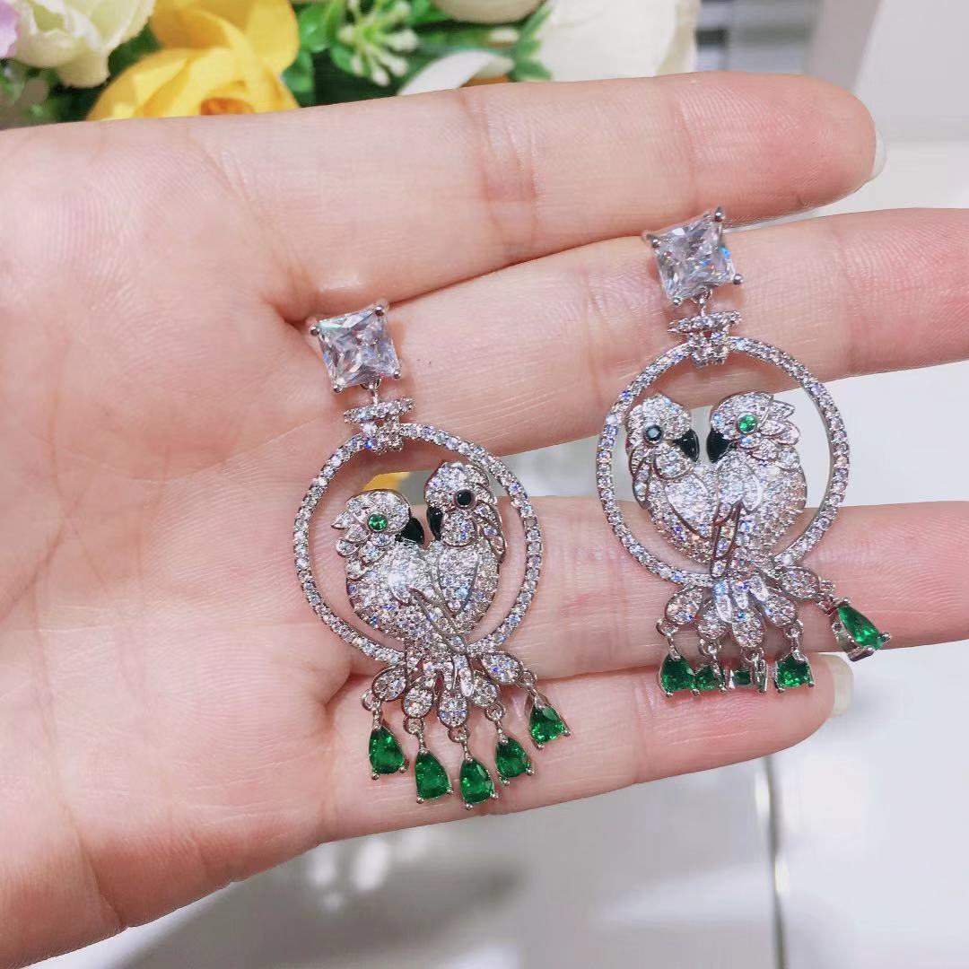 European and American earrings micro-paved chrysoprase double parrot earrings women's drop gem evening lovebird luxury earrings wholesale-Mix MIx Style