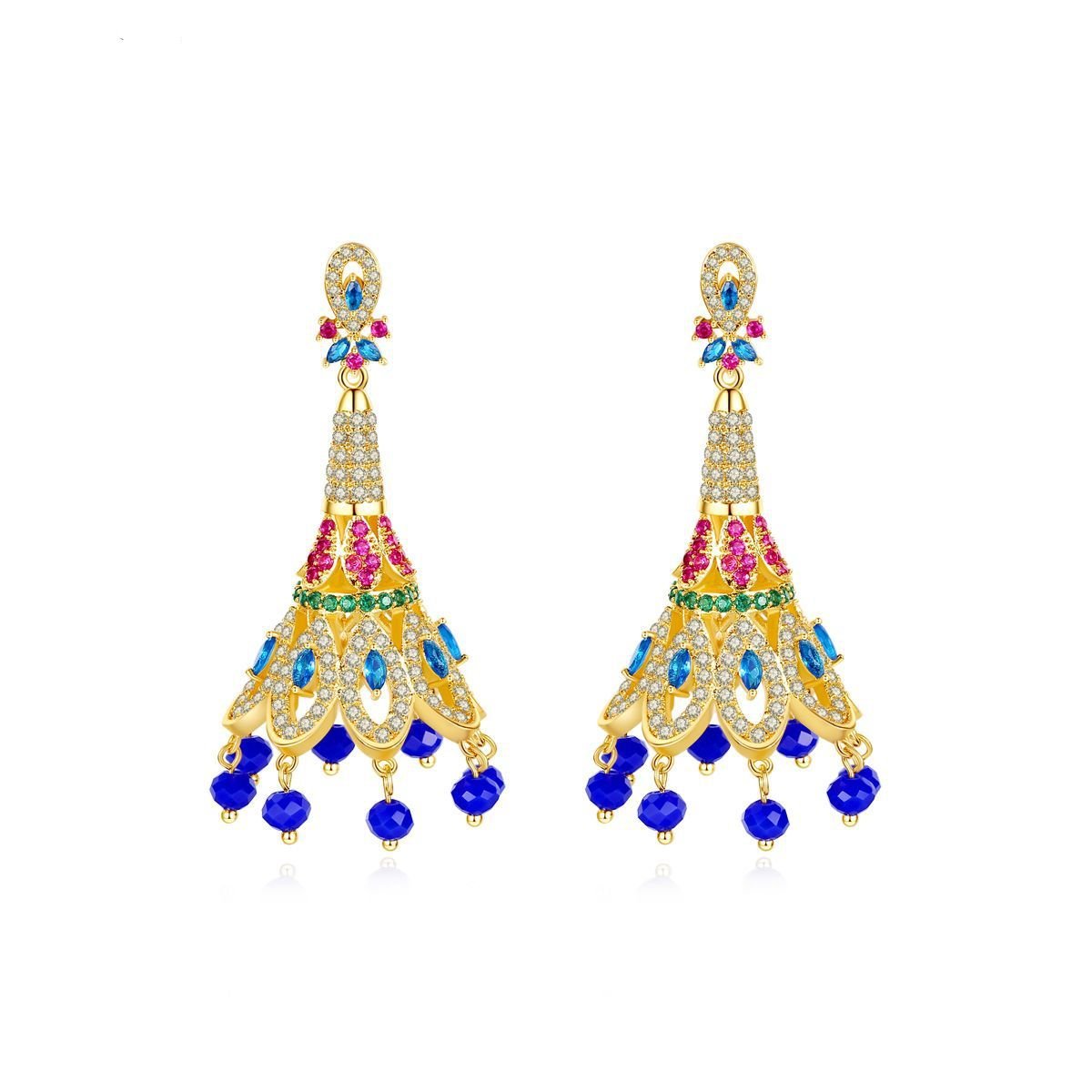 Peacock Feather Multicolor Moissanite Diamonds Luxury 18k Vermeil Gold Plated Vintage Retro Drop Earrings | Mix Mix Style-Mix MIx Style