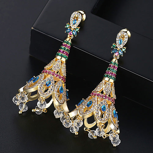Peacock Feather Multicolor Moissanite Diamonds Luxury 18k Vermeil Gold Plated Vintage Retro Drop Earrings | Mix Mix Style-Mix MIx Style