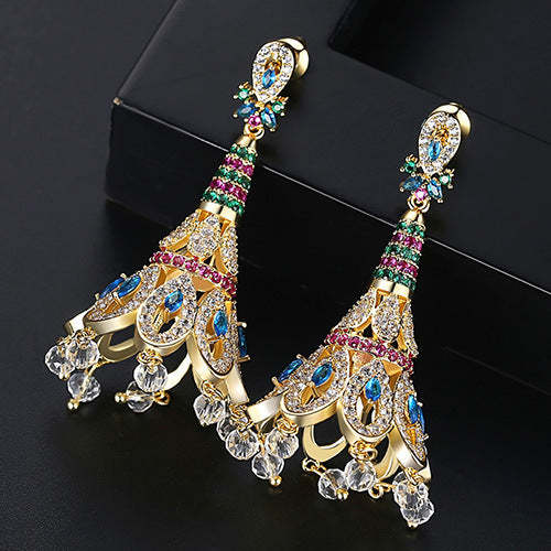 Peacock Feather Multicolor Moissanite Diamonds Luxury 18k Vermeil Gold Plated Vintage Retro Drop Earrings | Mix Mix Style-Mix MIx Style