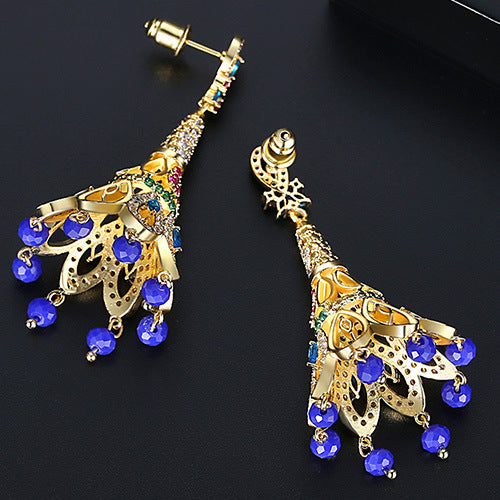 Peacock Feather Multicolor Moissanite Diamonds Luxury 18k Vermeil Gold Plated Vintage Retro Drop Earrings | Mix Mix Style-Mix MIx Style