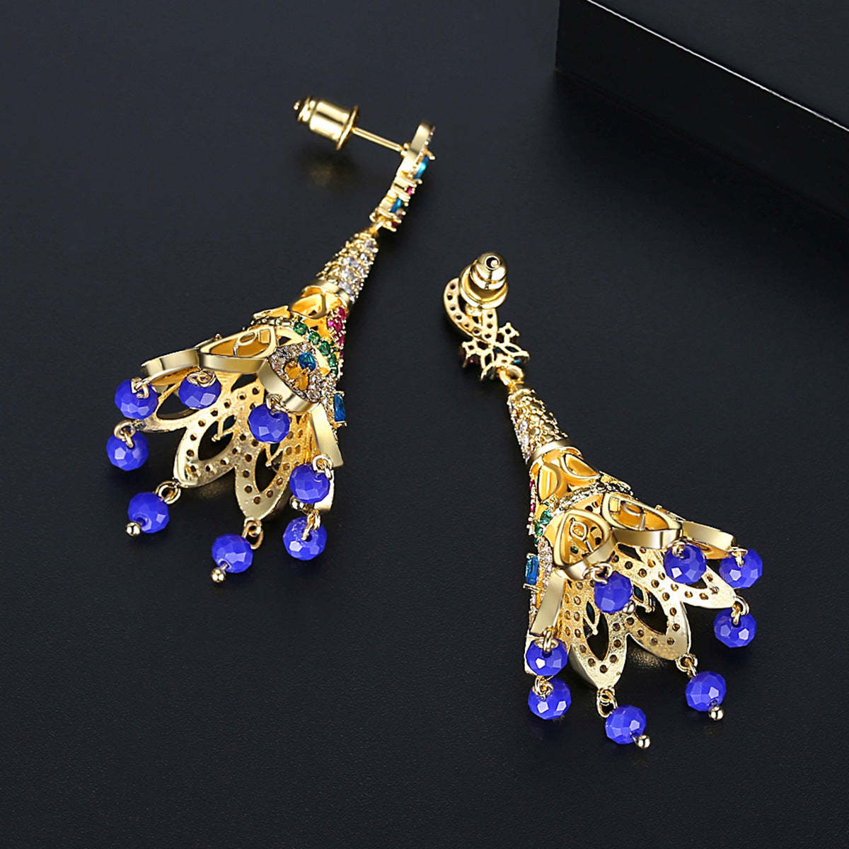 Peacock Feather Multicolor Moissanite Diamonds Luxury 18k Vermeil Gold Plated Vintage Retro Drop Earrings | Mix Mix Style-Mix MIx Style