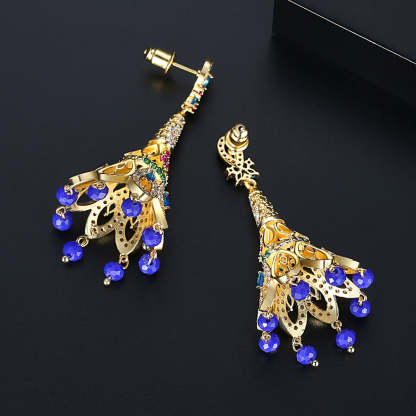 Peacock Feather Multicolor Moissanite Diamonds Luxury 18k Vermeil Gold Plated Vintage Retro Drop Earrings | Mix Mix Style-Mix MIx Style