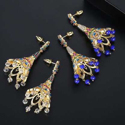 Peacock Feather Multicolor Moissanite Diamonds Luxury 18k Vermeil Gold Plated Vintage Retro Drop Earrings | Mix Mix Style-Mix MIx Style