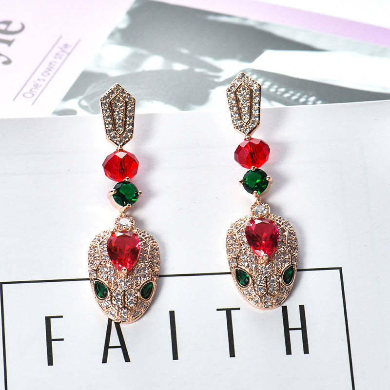 New style 925 silver needle fashion European and American cool style diamond snake earrings for women round snake head earrings colorful luxury-Mix MIx Style