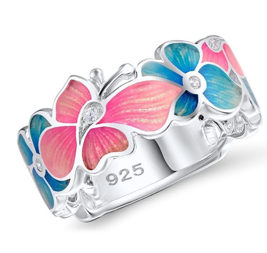 Pink & Blue Flowers Trendy Moissanite Diamonds 18k White Gold Plated L