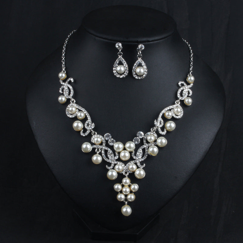 White Vintage Retro Pendant Akoya Pearls and Diamonds Luxury 18k White Gold Plated Necklace Earrings Jewelry Set | Mix Mix Style-Mix MIx Style
