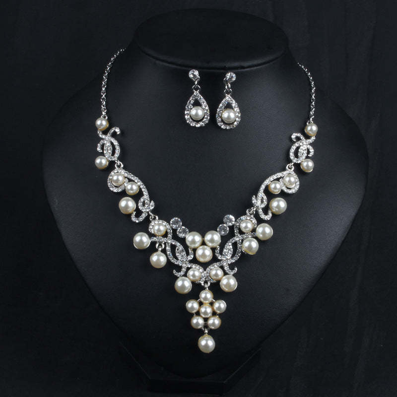 White Vintage Retro Pendant Akoya Pearls and Diamonds Luxury 18k White Gold Plated Necklace Earrings Jewelry Set | Mix Mix Style-Mix MIx Style