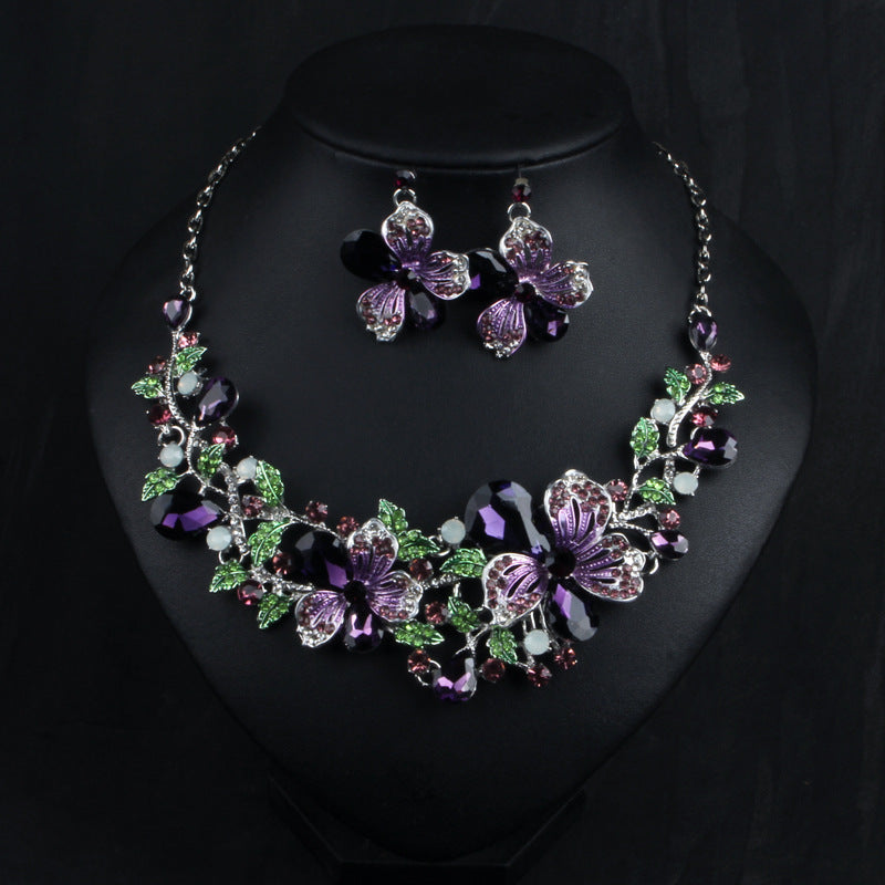 Flower Purple & Green Vintage Retro Pendant Diamonds Luxury 18k Gold Plated Necklace & Earrings Jewelry Set | Mix Mix Style-Mix MIx Style