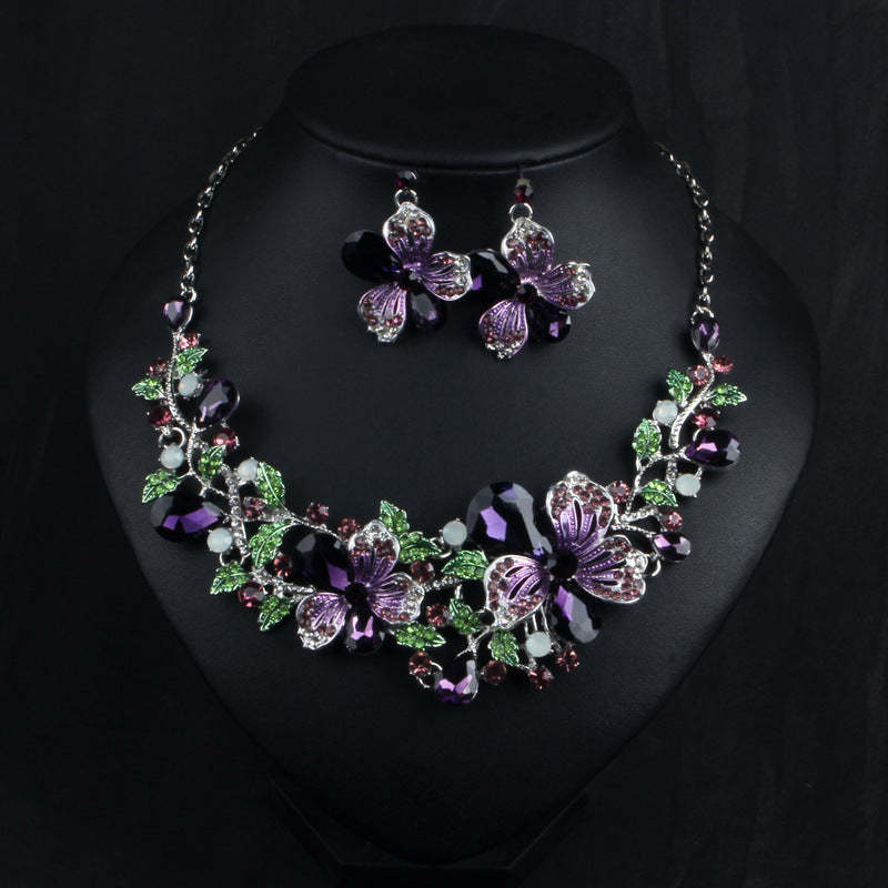 Flower Purple & Green Vintage Retro Pendant Diamonds Luxury 18k Gold Plated Necklace & Earrings Jewelry Set | Mix Mix Style-Mix MIx Style