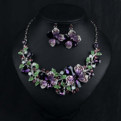 Flower Purple & Green Vintage Retro Pendant Diamonds Luxury 18k Gold Plated Necklace & Earrings Jewelry Set | Mix Mix Style-Mix MIx Style
