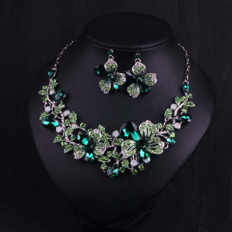 Flower Purple & Green Vintage Retro Pendant Diamonds Luxury 18k Gold Plated Necklace & Earrings Jewelry Set | Mix Mix Style-Mix MIx Style