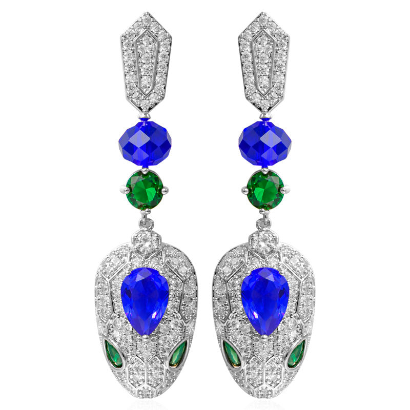 New style 925 silver needle fashion European and American cool style diamond snake earrings for women round snake head earrings colorful luxury-Mix MIx Style