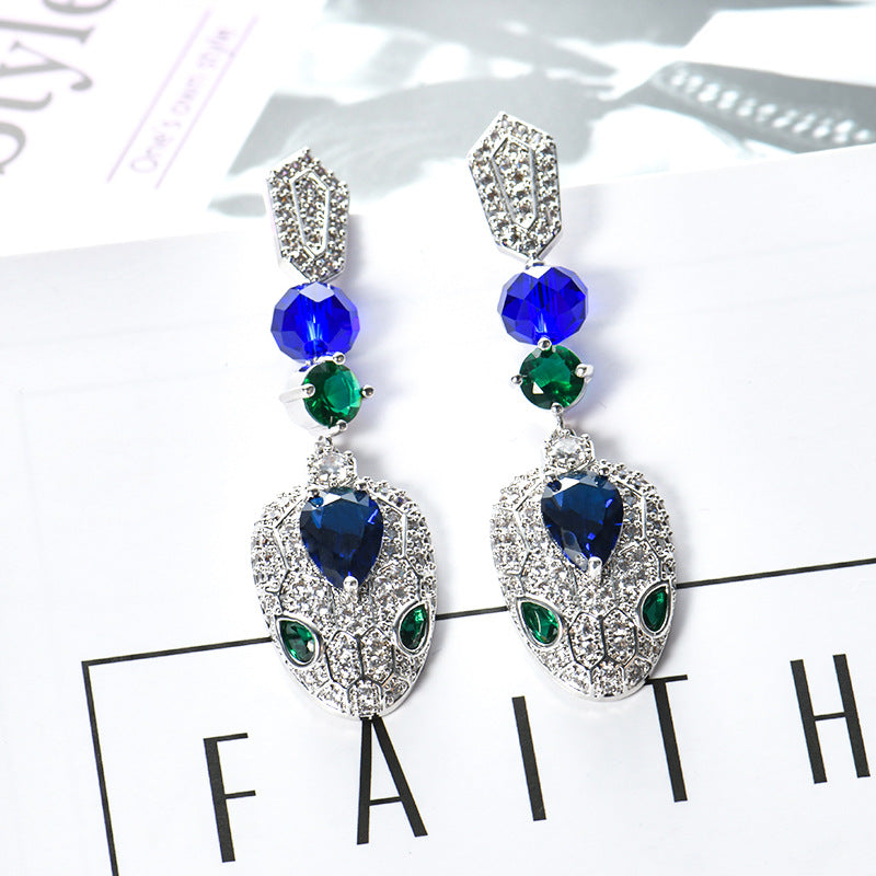 New style 925 silver needle fashion European and American cool style diamond snake earrings for women round snake head earrings colorful luxury-Mix MIx Style