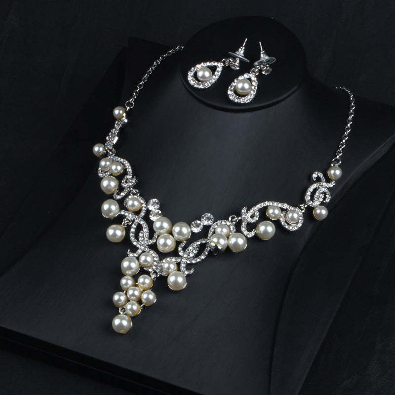 White Vintage Retro Pendant Akoya Pearls and Diamonds Luxury 18k White Gold Plated Necklace Earrings Jewelry Set | Mix Mix Style-Mix MIx Style