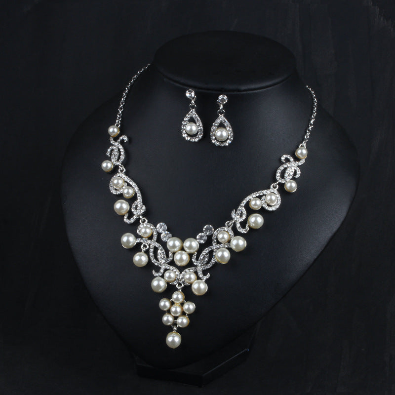 White Vintage Retro Pendant Akoya Pearls and Diamonds Luxury 18k White Gold Plated Necklace Earrings Jewelry Set | Mix Mix Style-Mix MIx Style